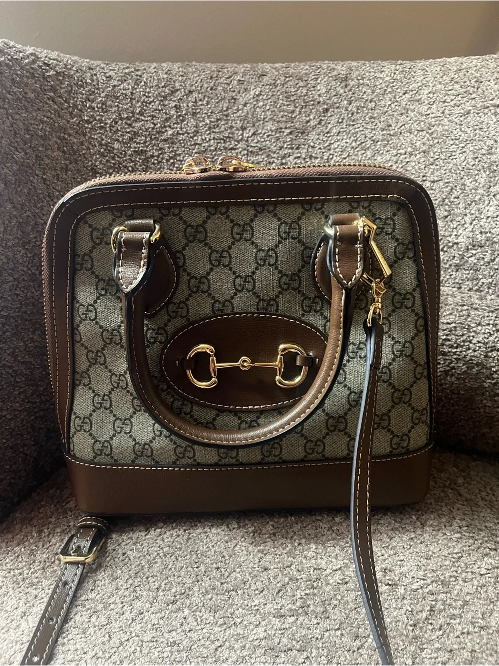 Brown GG Canvas Satchel with Gold Horsebit Detail - Picture 1 of 7